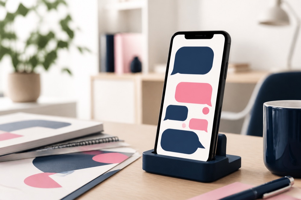 チャット画面を表示してスタンドに立てられたスマートフォン